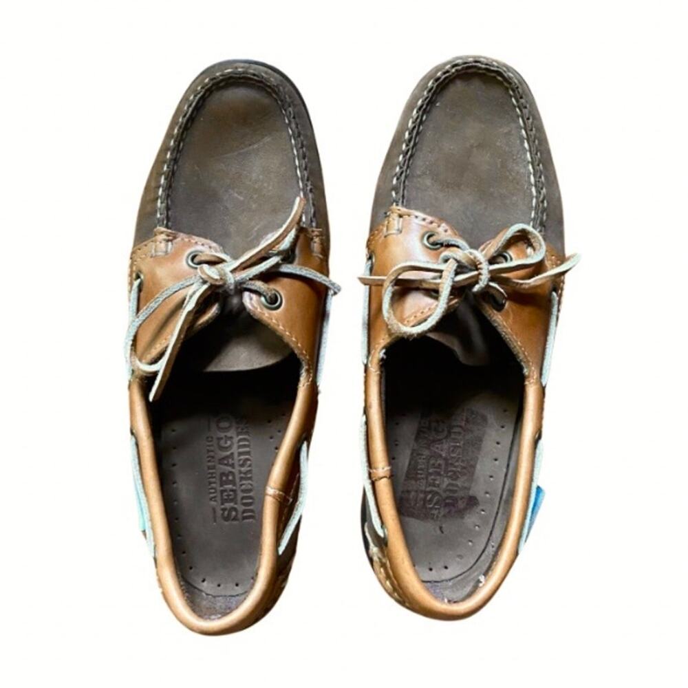 Dark Grey/Cognac Brown Leather Sebago Docksides with Rawhide Laces (Men’s 8.5)